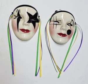 Pair Of Glam "Fancy Faces" New Orleans Mardi Gras Hand Painted Ceramic Wall Mask - Picture 1 of 10