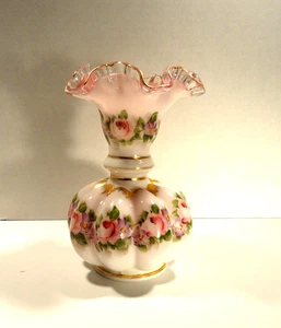 Fenton Ruffled Gold Crest Hand Painted Charleton Rose Melon Vase - Bild 1 von 12