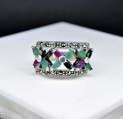 Anello in argento sterling 925 con rubino e zaffiro smeraldo naturale non... - Immagine 1 di 4