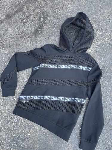 RARA FENDI 2018 Felpa con cappuccio e zip a rete logo posteriore XS nera