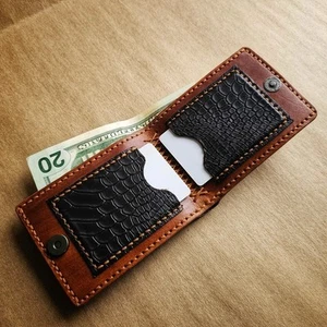 Handmade Veg-Tan Leather Bifold Wallet with Python Embossed Detail - Picture 1 of 11