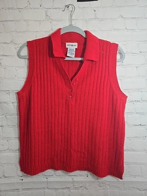 Vtg Red Sweater Vest Size L Wide Ribbed Knit Red Quarter Button Pull Over  - Image 1 of 4