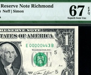 1974 $1 Richmond *LOW SERIAL* 00000443 PMG 67 EPQ • 1908-E EB Block TOP POP 8/0 - Picture 1 of 3