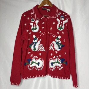 Vintage Fashion Bug Damen M durchgehender Reißverschluss Schneemann hässlicher Urlaub Pullover rot - Bild 1 von 8