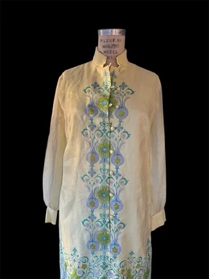 Vestido Alfred Shaheen Años 60 Pintado Amarillo Cuello Mandarín Manga Larga Foto 1 de 4