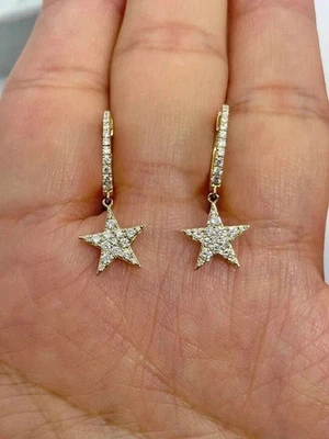 1CT Round Cut Lab-Created Diamond Star Drop Dangle Earrings 14k Yellow Gold Over - Image 1 of 3