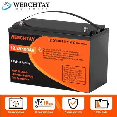 12V 100Ah LiFePO4 锂电池 15000+ 深循环 适用于房车 船用太阳能 离网 — 第 1/4 张图片