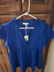 NWT- L Love Medium (M) 100% Polyester Cobalt Blue Short Sleeve Neck Frilled Top - Picture 1 of 2