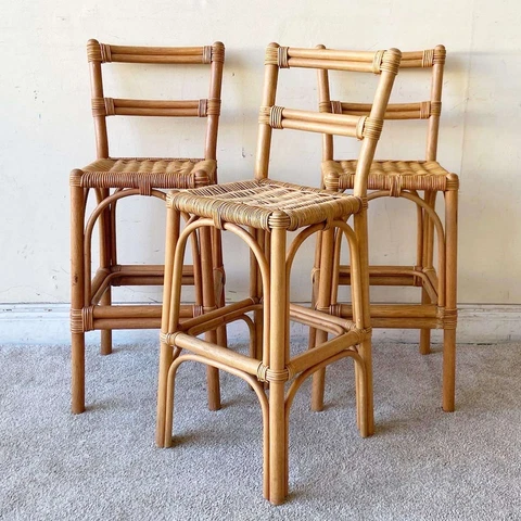 Vintage Boho Chic Bamboo Rattan Stools - a Pair Cover