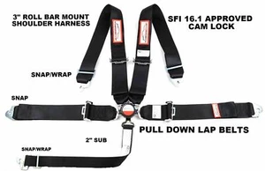 CLIP IN RACING HARNESS 5 POINT ROLL BAR MOUNT 3" CAM LOCK SFI 16.1 BLACK - Picture 1 of 4