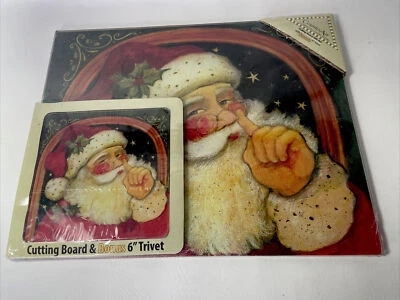 Counter Art Glass Cutting Board Set W/, Trivet, Holiday Santa Tempered Glass.NIP - Image 1 of 4