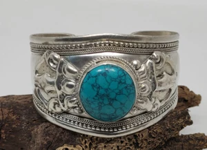 PT26 Brazalete Brazalete Tribal Étnico Asiático Tibetano Plata Turquesa Hecho a Mano Nepal - Imagen 1 de 4