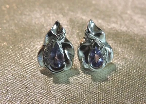 14K White Gold Leaf Earrings w/ Pear Amethyst & Round Diamonds - 4.1 grams - Picture 1 of 3