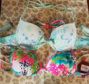 Lot Of 2 Bikini Halter Tops Small Hollister SO Floral Push Up Pink Blue - Picture 1 of 6