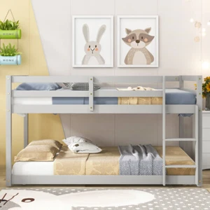 Twin over Twin Size Floor Bunk Bed Wooded Bed Frame Heavy Duty for Kids Teen US - Picture 1 of 5