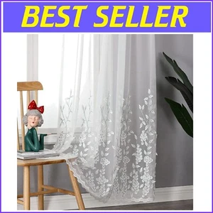 Semi-Sheer Voile Window Drapes with Leaf Pattern - Easy Install, Set of 2 Panels - Picture 1 of 10