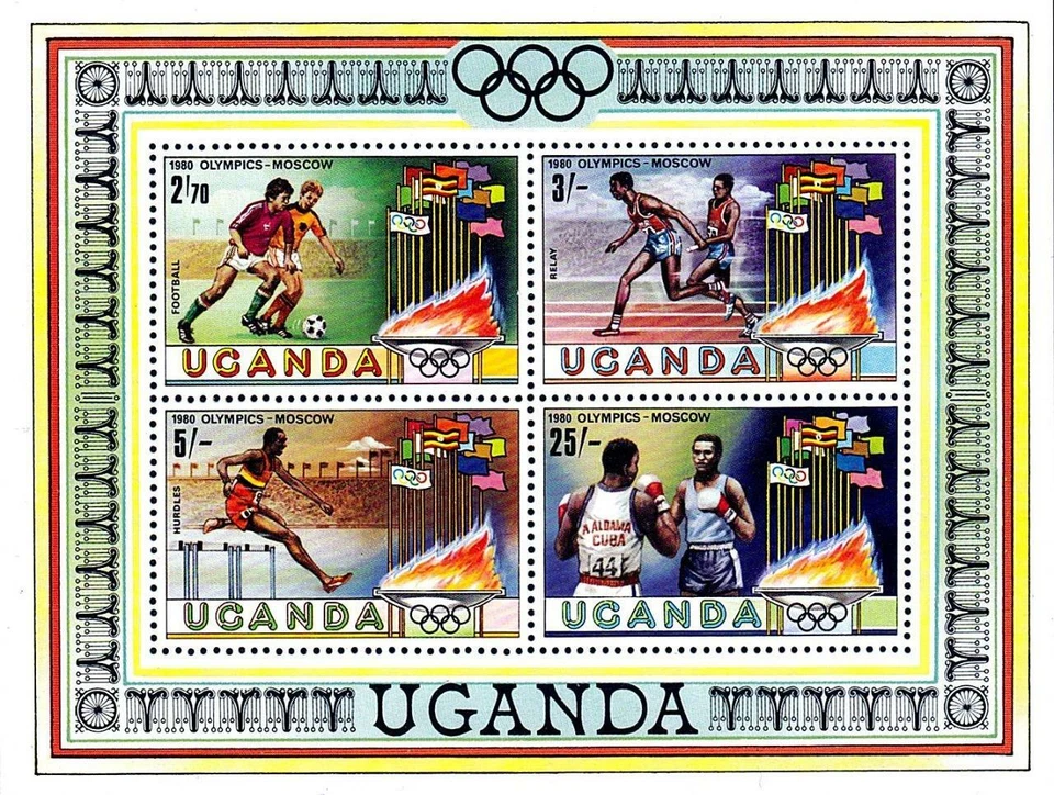👉 UGANDA 1980 OLÍMPICAS DE MOSCÚ S/S MNH DEPORTES, FÚTBOL, BOXEO, BANDERAS Foto 1 de 1