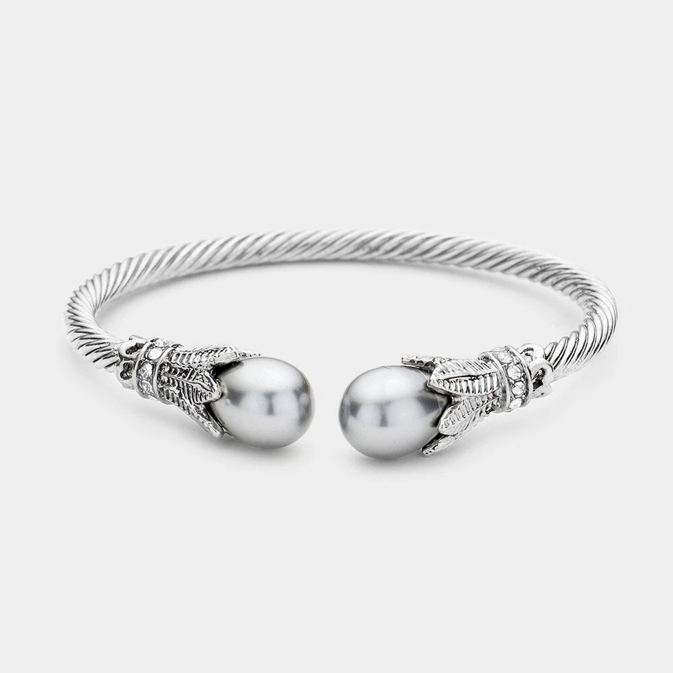2PC Set Twisted Cable Cuff Bracelets Grey Pearl Pavé CZ Accents Bangle Silver - Image 1 of 1