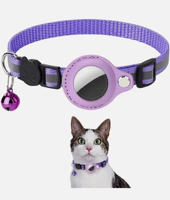 AirTag Cat Collar Reflective Pet Collar with Bell Breakaway Safety-(PURPLE) - Image 1 of 3