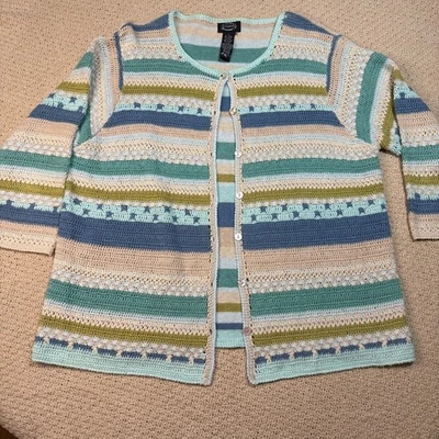 Vintage Striped Crochet Knit Cardigan- Pastel Blue / Sage / Sand - Image 1 of 4
