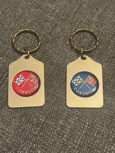 Vintage Chevrolet Corvette Set Blue & Red Brass Keychain His & Hers - Picture 1 of 3