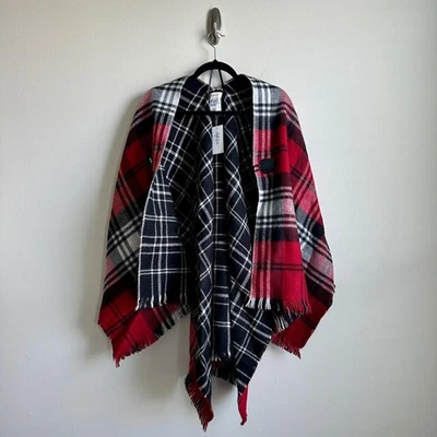 Style & Co Poncho Womens One Size Red Black Plaid Fringe Button Wrap Cape - Image 1 of 4