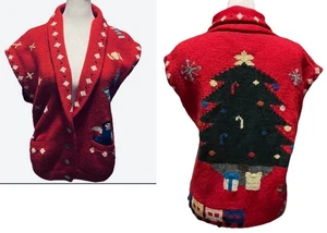 VTG BEREK Christmas Sweater Cardigan Vest Red Christmas Train Button Hand Knit - Picture 1 of 18