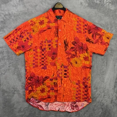 Camisa Vintage Jams World Hombres Pequeña Hawaiana Botón Floral Rayón Audaz Flor de Fuego Foto 1 de 4