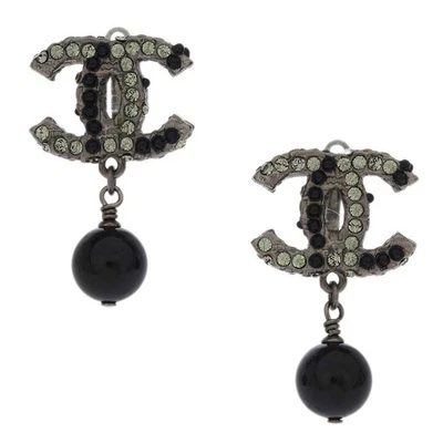 Chanel CC Earrings Clip-On Dangle Silver Black Rhinestone 10A 125206 - Image 1 of 4