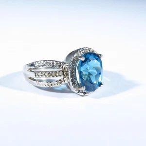 LONDON BLUE TOPAZ & DIAMOND 3.50 TCW GORGEOUS 925 SILVER W/G PLATED RING - Picture 1 of 12