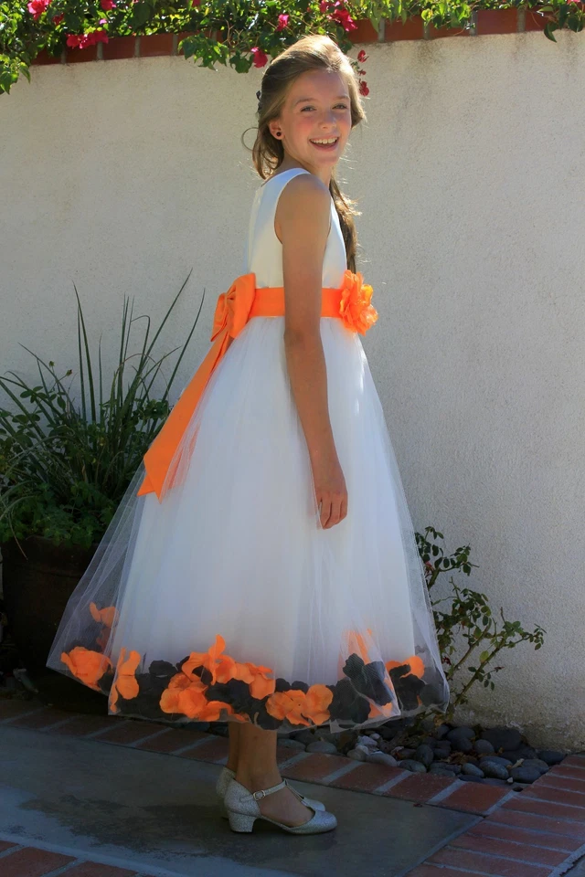 Satin Floral Rose Petals White Tulle Flower Girl Dress Wedding Pageant Birthday  - Image 1 of 1