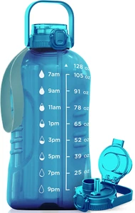 128 Oz Water Bottle with Time Marker - 2In1 Straw & Chug Lid - BPA Free Big Jug - Picture 1 of 12