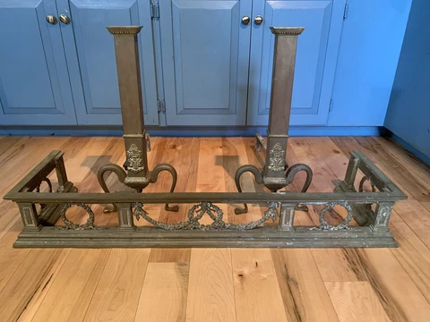 Antique French Brass Bronze Fireplace Fender Intricate Wreaths Floral Andirons Cover