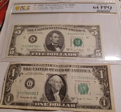 1969C Federal Reserve Note Dallas - Fr# 1972-K* - PCGS 64 Choice UNC PPQ and $1  - Image 1 of 4