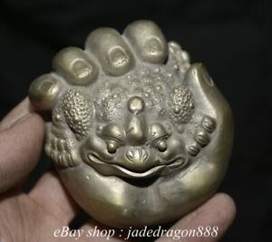 3" Chinese Marked Silver Buddha's Hand Toad Frog Words Statue Sculpture