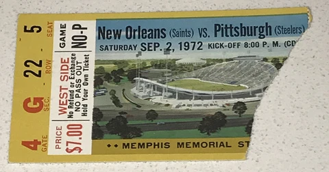 9/2/72 Steelers / Saints Memphis Memorial Stadium Game Used NFL Ticket Stub Cover