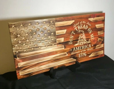 US Rustic Wood Burned Flag Gadsden Dont Tread On Me American Flag Painted Carved - Image 1 of 4