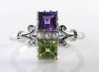 SUFFRAGETTE 9CT 9K WHITE GOLD AMETHYST PERIDOT PEARL ART DECO INS RING FREE SIZE