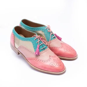 Handmade women pink 3 tone dress shoes, oxford wingtip brogue dress shoes women - Picture 1 of 9