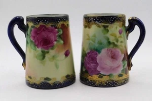 PAIR OF VINTAGE HAND PAINTED EARLY NIPPON STEIN GOLD ENAMEL MORIAGE FLORAL MUGS - Picture 1 of 12