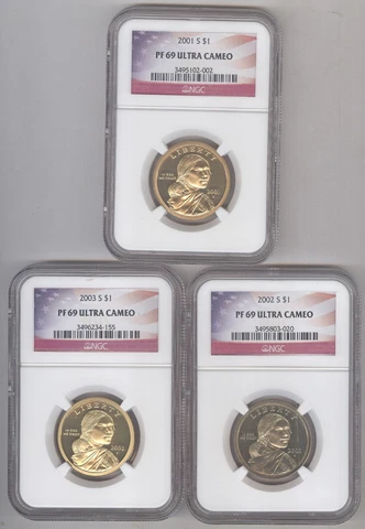 SACAGAWEA NATIVE AMERICAN DOLLARS NGC PF69 ULTRA CAMEO FLAG LABEL-2001,2002,2003 Cover