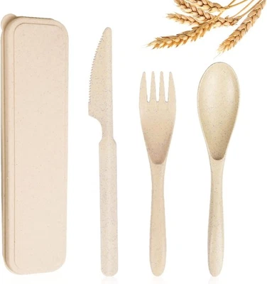 Reusable Travel Utensils Set with Case, Beige Wheat Straw Portable Knife Fork Sp - Image 1 of 4