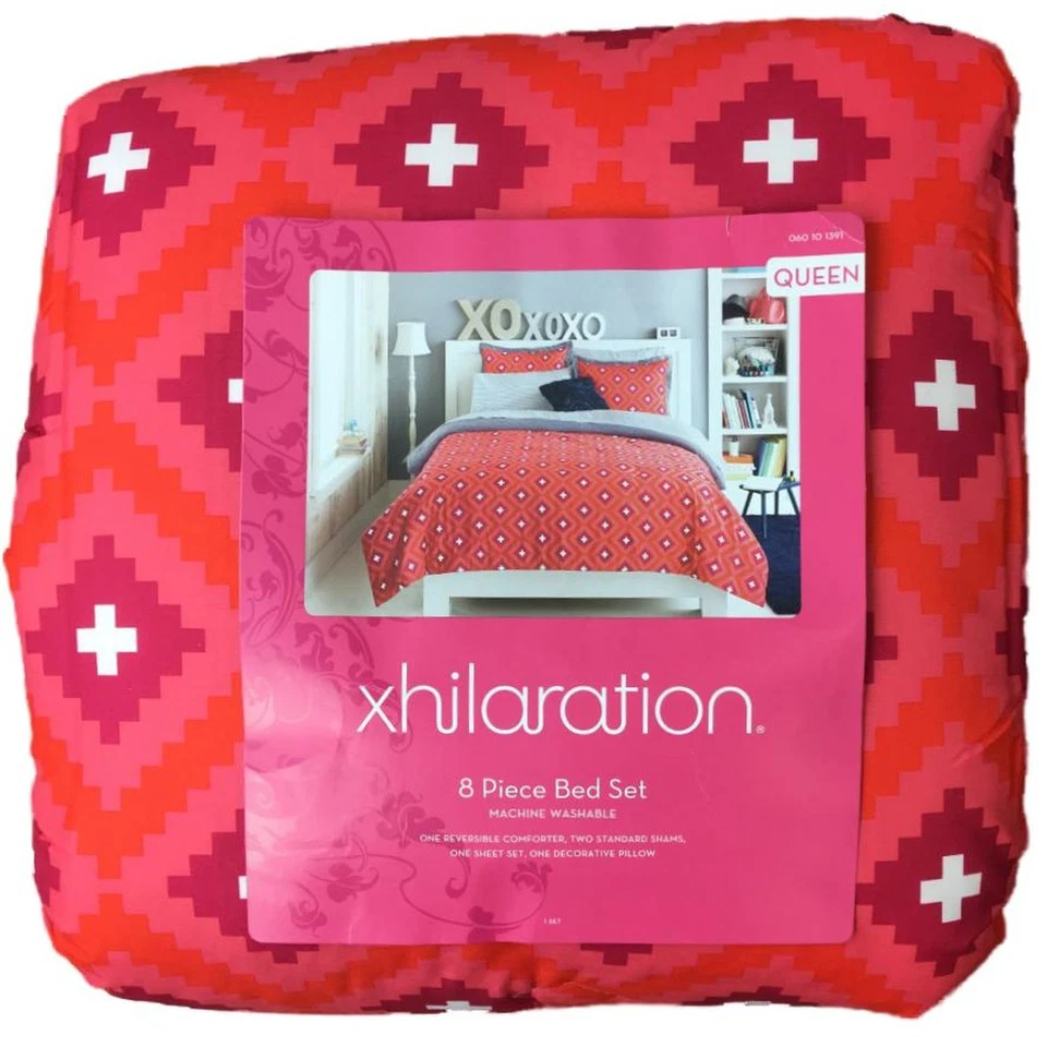 Королева кровать в сумке коралл и розовый геометрический одеяло простыни наволочки и подушки, 8 шт. - Изображение 1 из 2