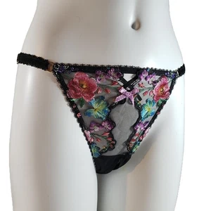 Victoria's Secret String-Bikini dunkle Blütenstickerei ouvert verstellbar L - Bild 1 von 6