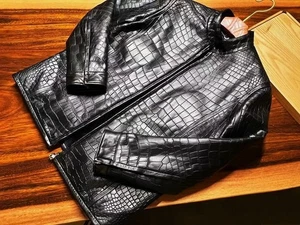 Men's Genuine Black Leather Jacket Crocodile Pattern Regular Fit Luxury Jacket - Picture 1 of 10