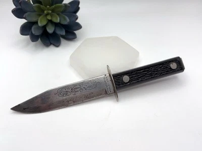 Prov. Cutlery Co. Prov. R.I USA Hunt Knife W/ Deer Fish Engraved Black Handle - Изображение 1 из 4