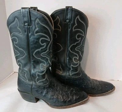 Botas caubói vintage Larry Mahan penas completas avestruz pretas masculinas tamanho 9 XE - Imagem 1 de 4