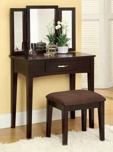 Espresso Traditional 3 Mirror and Drawer Vanity Dressing Table and Stool Set - Picture 1 of 3