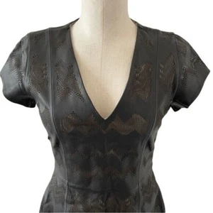 Parker Leather Dress Black Cut Outs Lined Fitted Mini V-Neck Size Medium - Picture 1 of 16