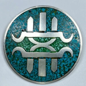STERLING SILVER 925 Mexico Round Pin Pendant Brooch Crushed Turquoise 14g - Picture 1 of 10